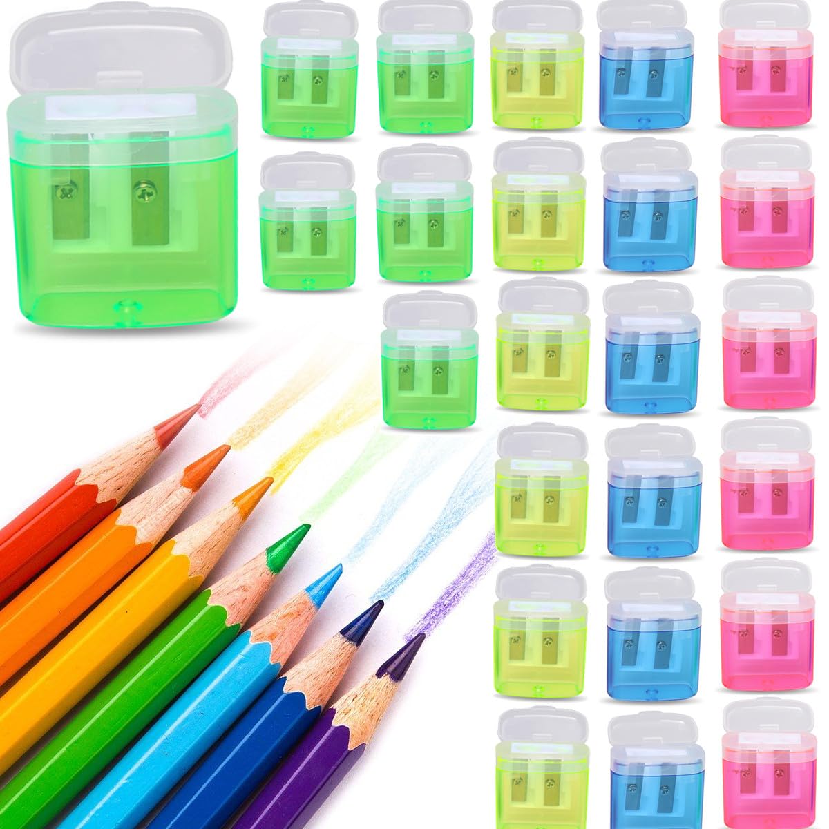 Pencil Sharpener, 24 Coloured Manual Pencil Sharpeners, Double-Hole Pencil Sharpeners for Different Types of Pencils Children Students School Home Office Travel