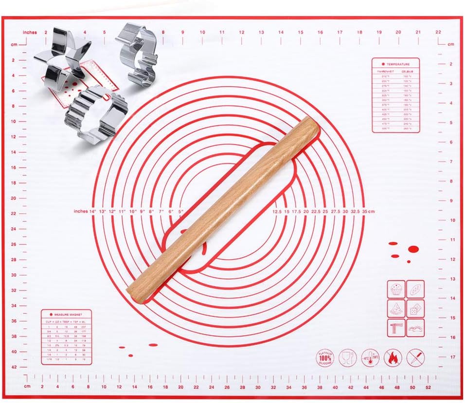 Silicone Pastry Mat - Non Slip Extra Large Silicone Baking Mats with Measurements 24" X 20" Dough Rolling Mat Pastry Sheet Silicone Rolling Mat with Christmas Cookie Cutters,Wood Rolling Pin