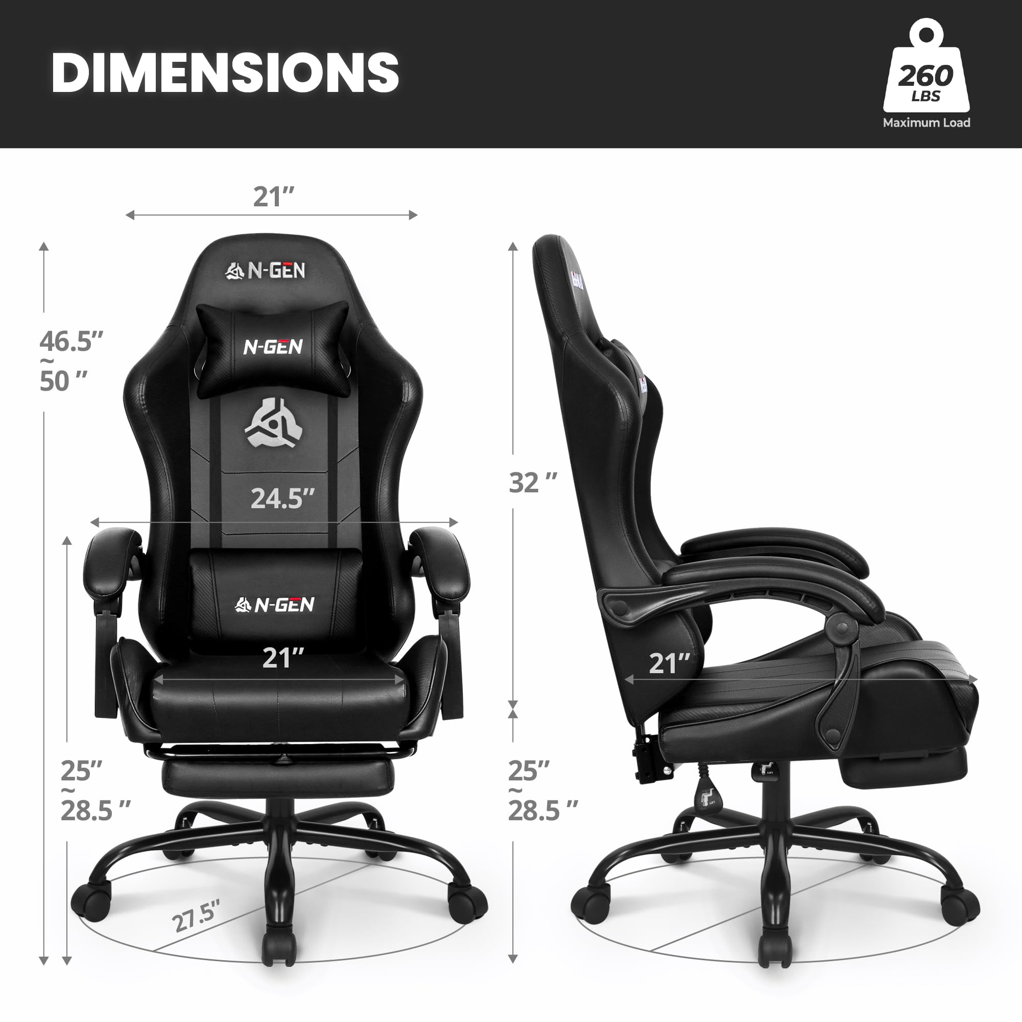 N-GEN GAMING Video Gaming Chair with Footrest High Back Ergonomic Comfortable Office Computer Desk with Lumbar Support Height Adjustable with PU Leather Recliner for Adults Women Men (Black) - Image 2