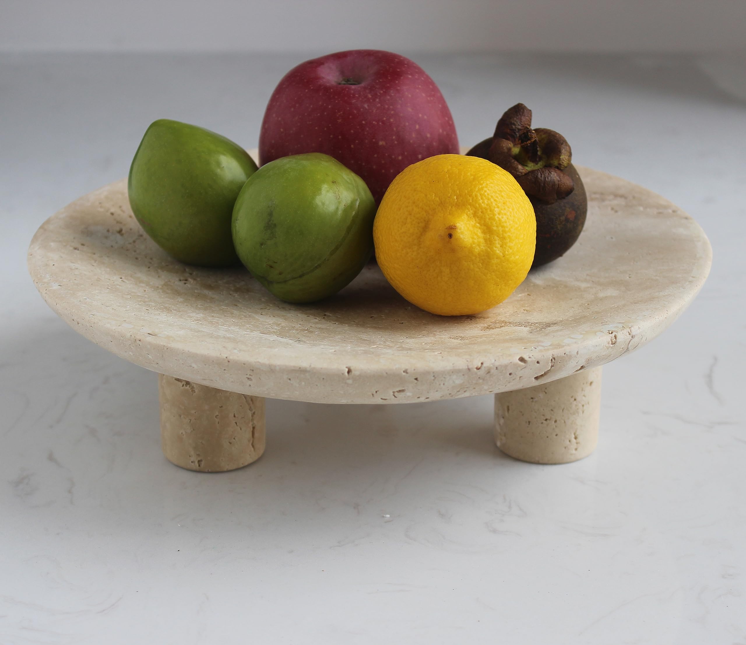 Nawgnail Natural Travertine Fruit Bowl for Kitchen Counter, Large Decorative Bowl Pedestal for Home Decor, Fruits Holder for Dining Table - Kitchen Organization (Beige Travertine-3 Legs)