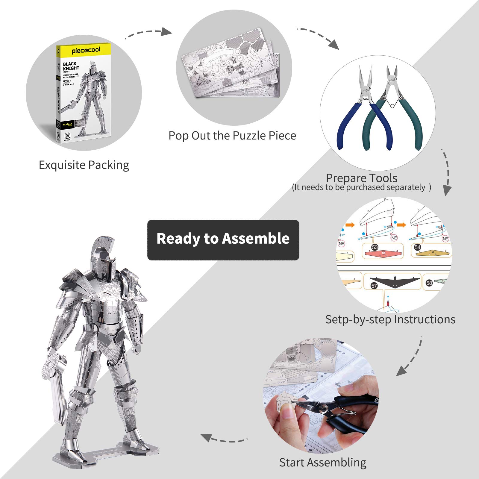 Piececool 3D Metal Puzzles for Adults DIY Mecha Model Kits Building Blocks, Black Knight 3D Figure Model kit Brain Teaser Puzzle Hobbies for Men, Great Birthday Gifts -125 Pcs