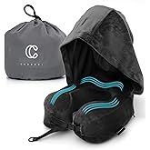Cuddool Neck Pillow with Hood - Memory Foam Neck Pillow Head Chin Support, Airplane, Car, Office & Home Sleep Rest Travel Pillows with Hood (Black,M)