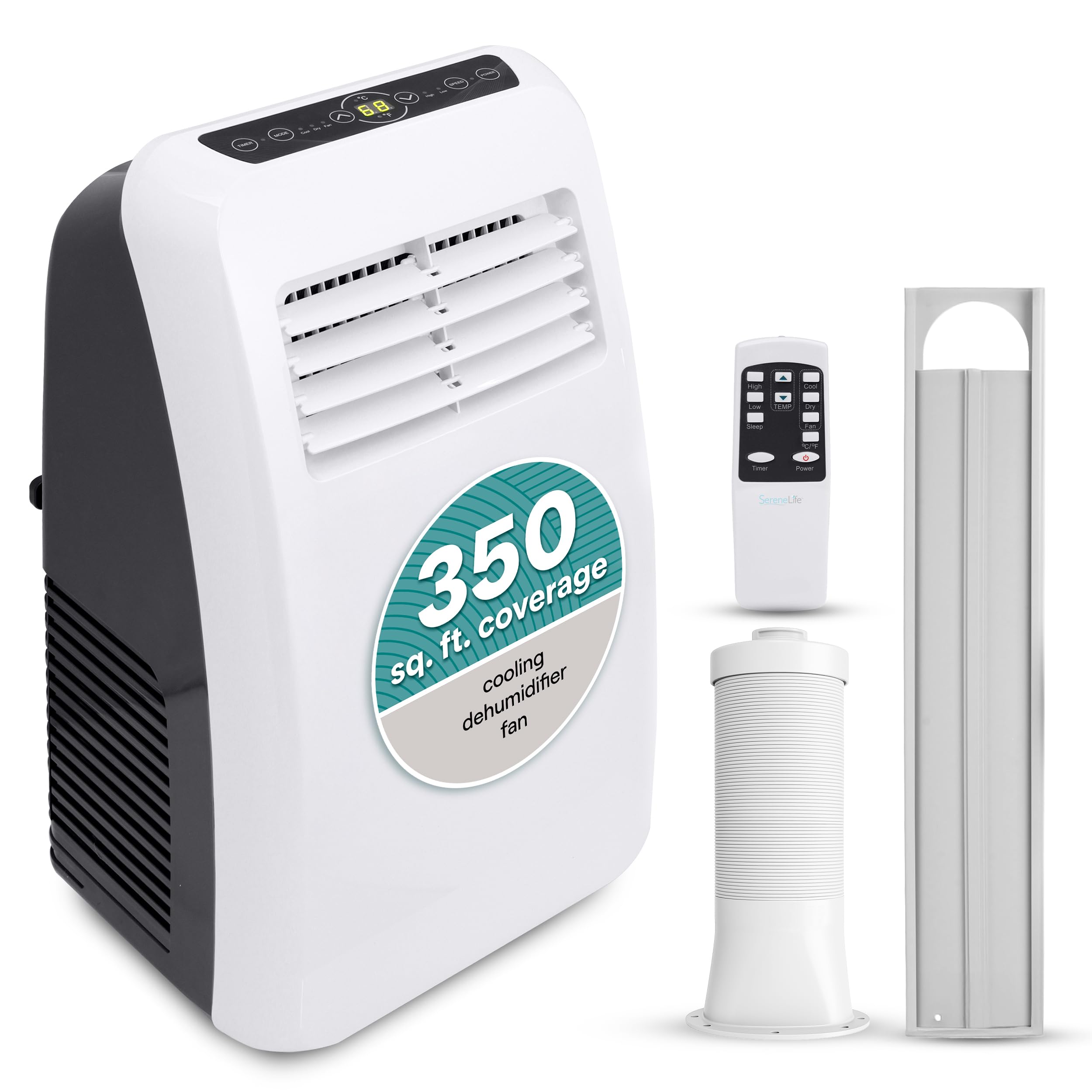 Photo 1 of SereneLife SLPAC8 SLPAC 3-in-1 Portable Air Conditioner with Built-in Dehumidifier Function,Fan Mode, Remote Control, Complete Window Mount Exhaust Kit, 9,000 BTU, White