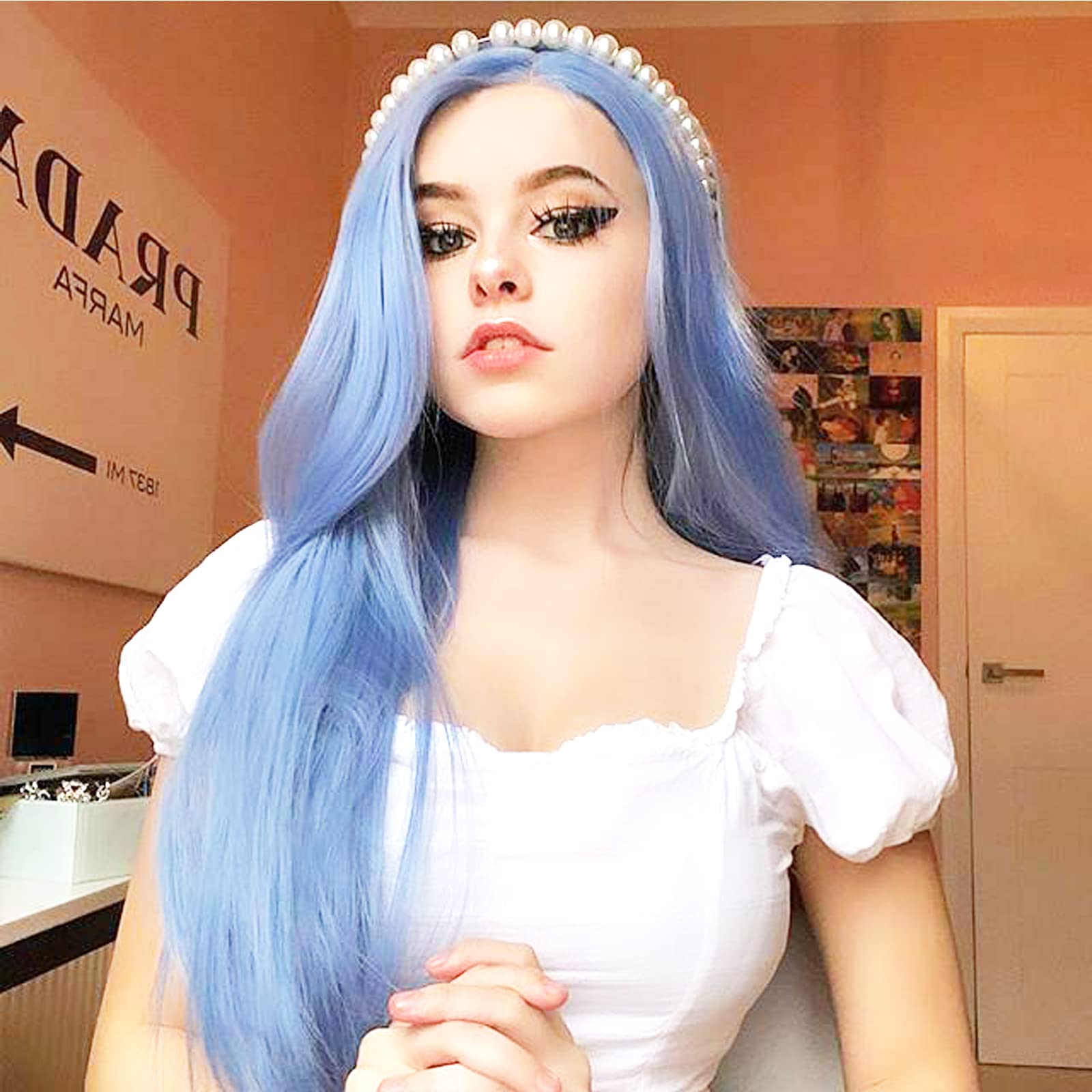 Pastel Blue Wig Long Synthetic Lace Front Wigs for Women Natural Shiny Blue Lace Wig with Middle Parting Quality Soft Blue Hair with Beauty Hairline Same as Realistic Hair Cosplay Daily 24 Inch Wigs