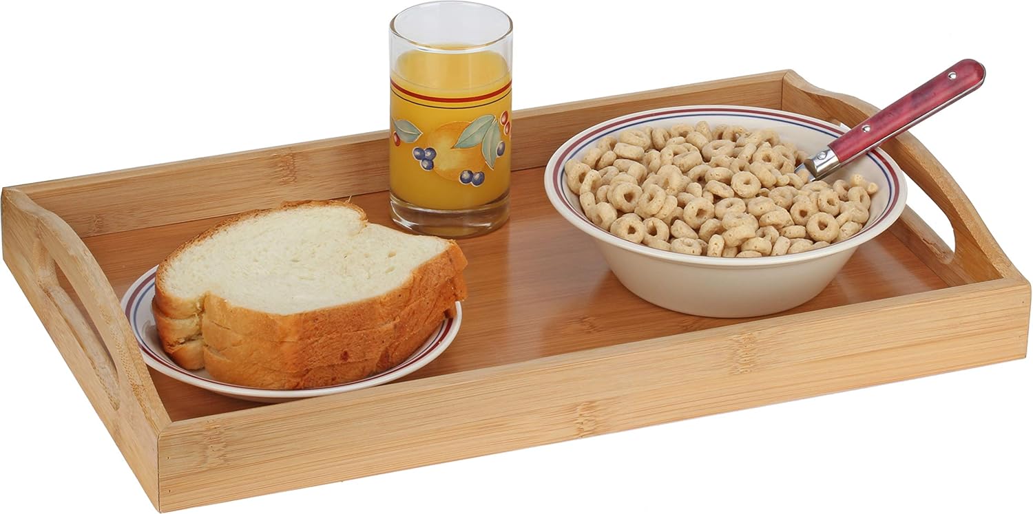  | Serving tray bamboo - wooden tray with handles - Great for dinner trays, tea tray, bar tray, breakfast Tray, or any food tray - good for parties or bed tray: Serving Trays