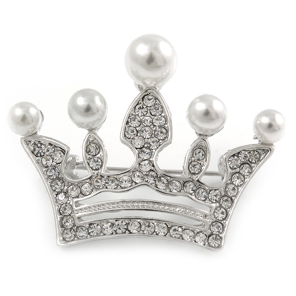 Avalaya Clear Crystal Simulated Pearl Crown Brooch in Silver Tone Metal - 40mm Tall