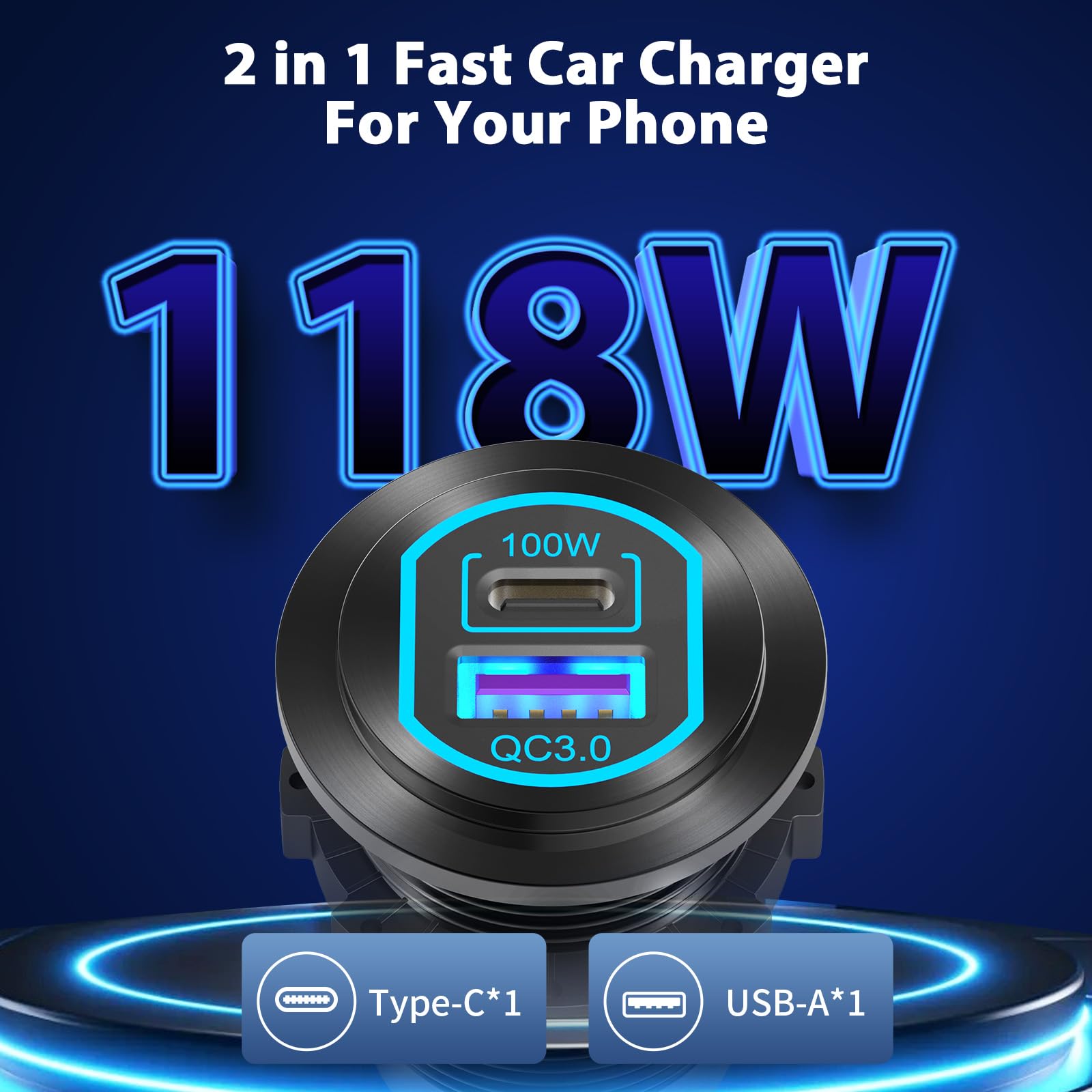 12-Volt-USB-C-Steckdose PD 100 W USB-Anschluss für Laptop und QC3.0 18 W Autoladegerät-Steckdose Aluminiumlegierung, Schnellladefunktion, versenkte Montage Ersatz für Zigarettenanzünder DIY-Zubehör 2