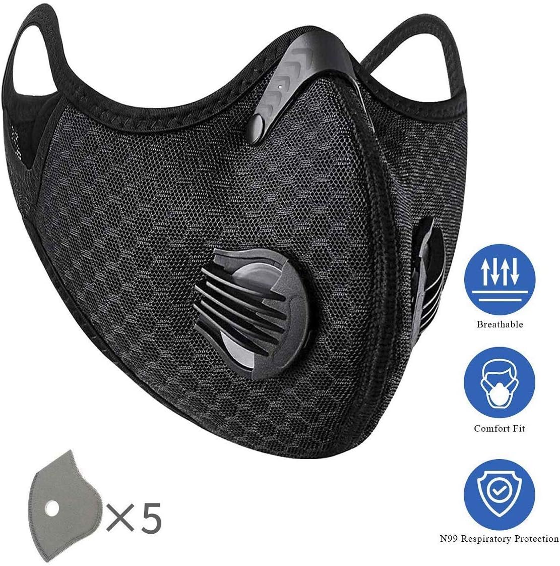 Reusable Dust Mask, Extra Activated Carbon N99 Filters, Protection Running Cycling Woodworking Mowing Painting Outdoor Activities (1 Black Mask + 5 Filters)