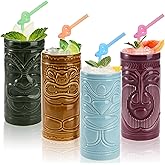 Cedilis 4 Pack Ceramic Tiki Mug, 10oz Tiki Drinking Cups, Exotic Zombie Cocktail Glasses, Tumblers Mai Tai glass, Tiki Bar Professional Hawaiian Halloween Party Barware