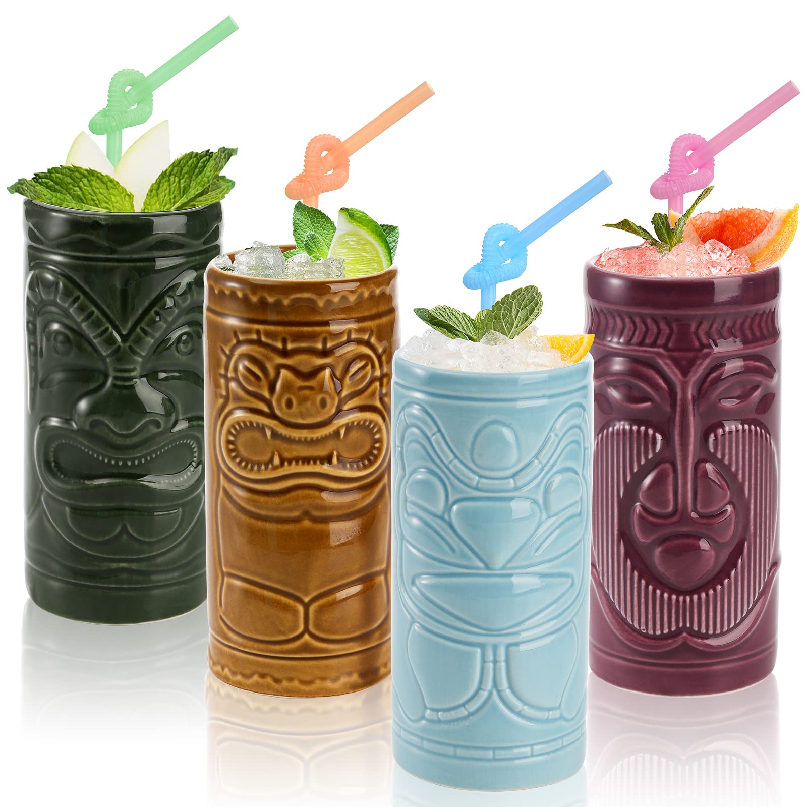 Photo 1 of Cedilis 4 Pack Ceramic Tiki Mug, 10oz Tiki Drinking Cups, Exotic Zombie Cocktail Glasses, Tumblers Mai Tai glass, Tiki Bar Professional Hawaiian Halloween Party Barware