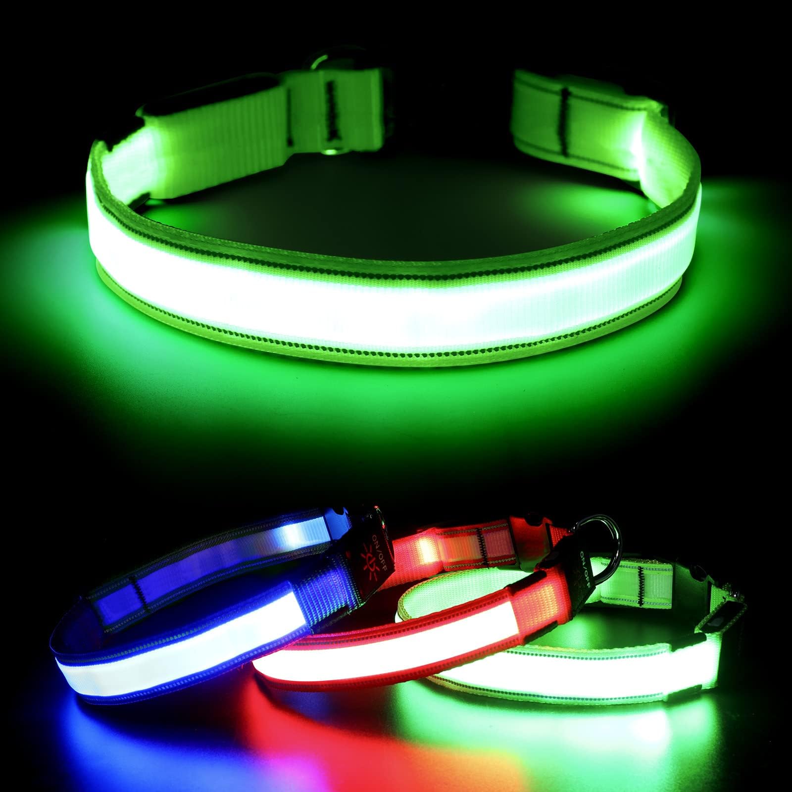 Visinite LED Dog Collar USB Rechargeable, Reflective Light Up Pet Collar for Night Walking, Adjustable Glow Collar for Small Medium Large Dogs (Green, M)