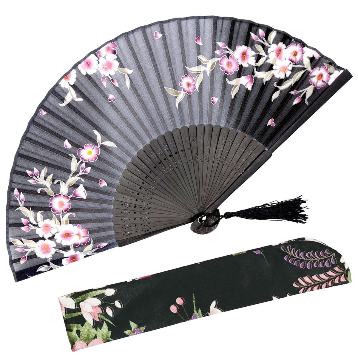 OMyTea "Lily Chinese/Japanese Women Hand Held Silk Folding Fans with Bamboo Frame - With a Fabric Sleeve for Protection (Redbud - Black)