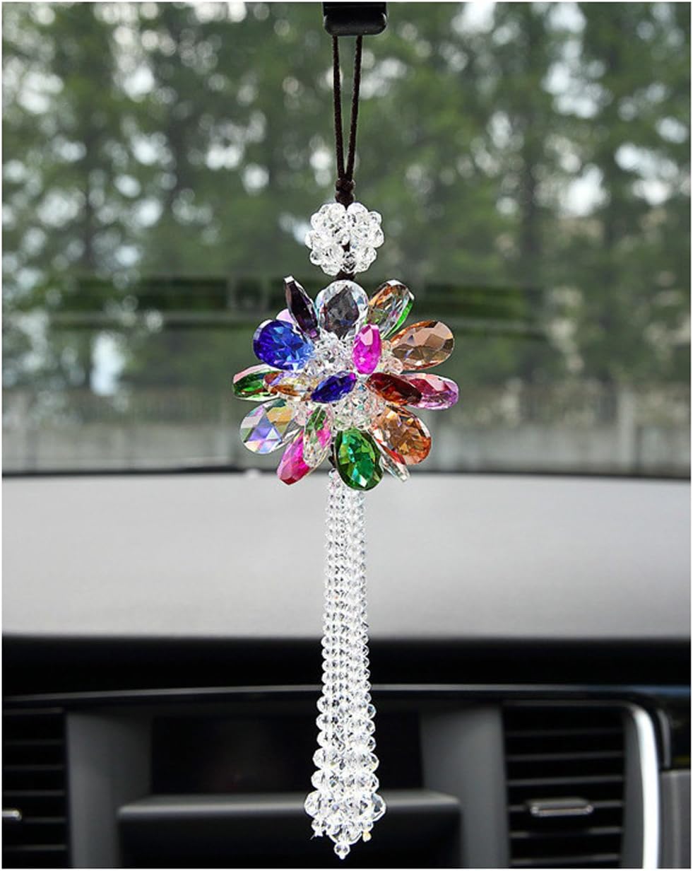 Luckly Crystal Glass Flower Car Hanging Ornament Car Rear View Mirror Pendant Car Accessories (Multicolor)