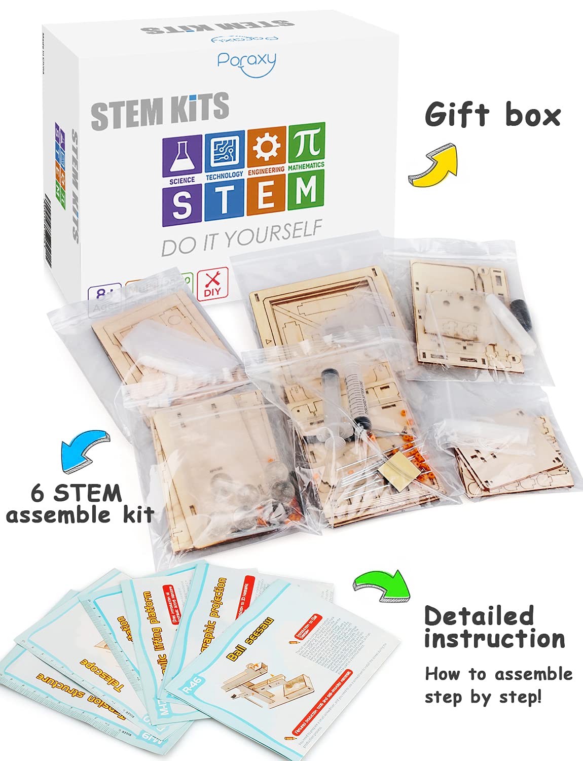 Poraxy 6 in 1 STEM Kits for Kids Age 8-10, Science Building Educational Experiment Projects 8-12, 3D Wooden Puzzles Crafts, Toys for Age 8-13, Gifts for Boys and Girls 6 7 8 9 10 11 12 13 Years Old
