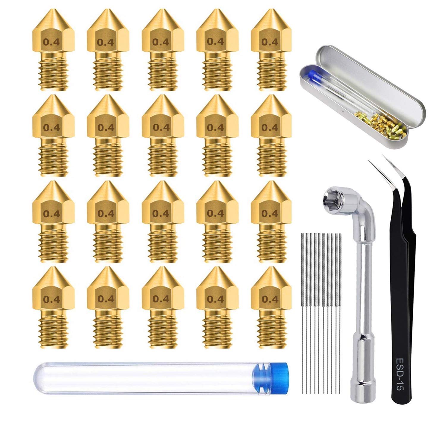 SKLNXAZ 20 PCS 0.4mm 3D Printer Nozzles, MK8, Extruder Print Head With Nozzle Cleaner Tool for 3D Printers