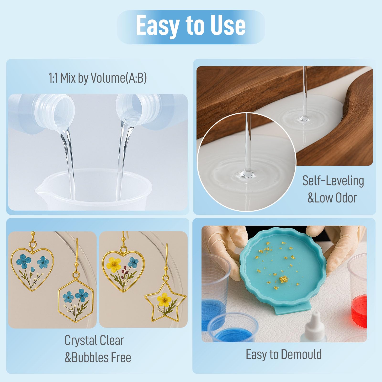 Clear Epoxy Resin Kit 2 Part 16 oz for Countertop Jewelry Wood Table Bar Top Crafts Art Food Safe Self-Leveling Casting Coat Resina Epoxica for Floor Cups Tumblers