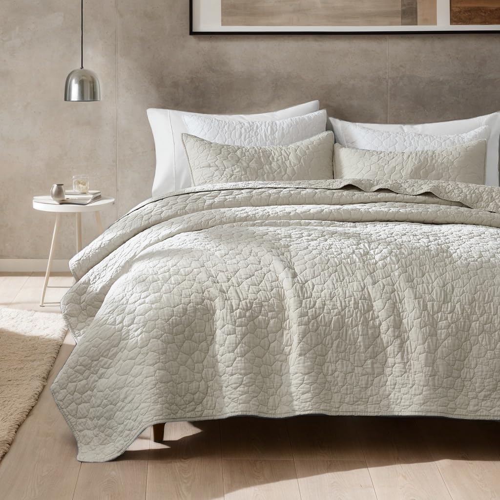 Photo 1 of palassio Beige 100% Cotton Quilt King Size Bedding Sets with 2 Pillow Shams, Soft Bedspread Shabby Chic Rustic Coverlet, Textured Lightweight Quilted Comforter Bed Cover for All Season, 3 Pieces