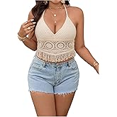 SHENHE Women's Plus Size Crochet Top Fringe Halter Top Backless Boho Beach Knit Crop Tank