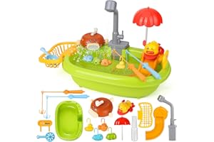 24HOCL Play Sink with Running Water, Kitchen Play Sink Toy with Upgraded Electric Faucet and Manually Bubble Machine, Floating Pool Fishing Toys, Kids Pretend Play-Dishwasher Play Set for Boys Girls Toddlers