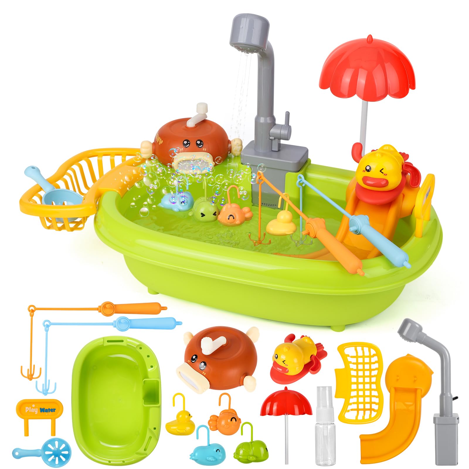 Photo 1 of Play Sink with Running Water, Kitchen Play Sink Toy with Upgraded Electric Faucet and Manually Bubble Machine, Floating Pool Fishing Toys, Kids Pretend Play-Dishwasher Play Set for Boys Girls Toddlers