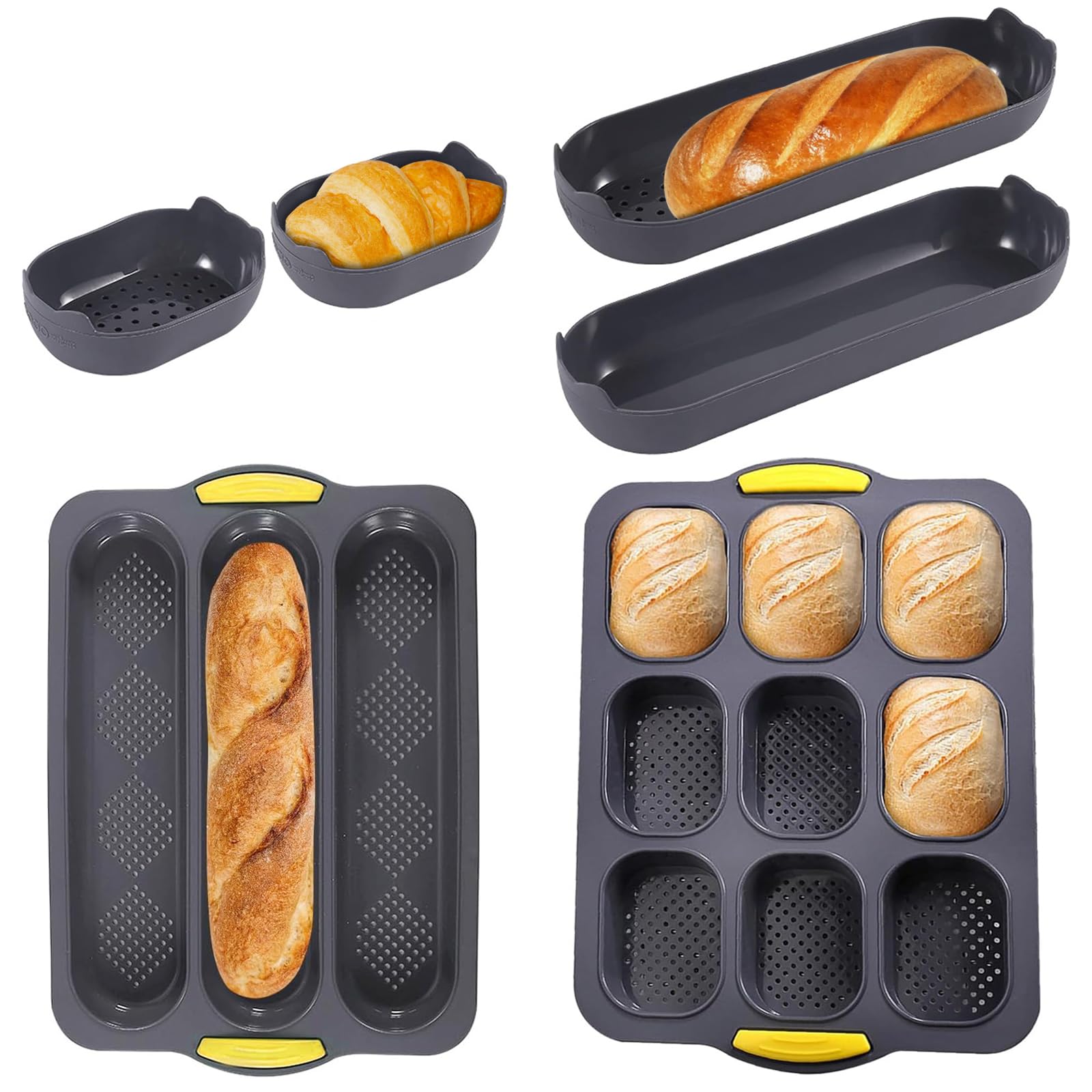 JAOGAUS 6 Pack Baguette Pan Silicone Baking Moulds, 3 Grid Mini Baguette Baking Tray, 9 Grid Silicone Bread Tin, Non-Stick Perforated, French Breads,Breadstick,Bread Rolls (Grey)