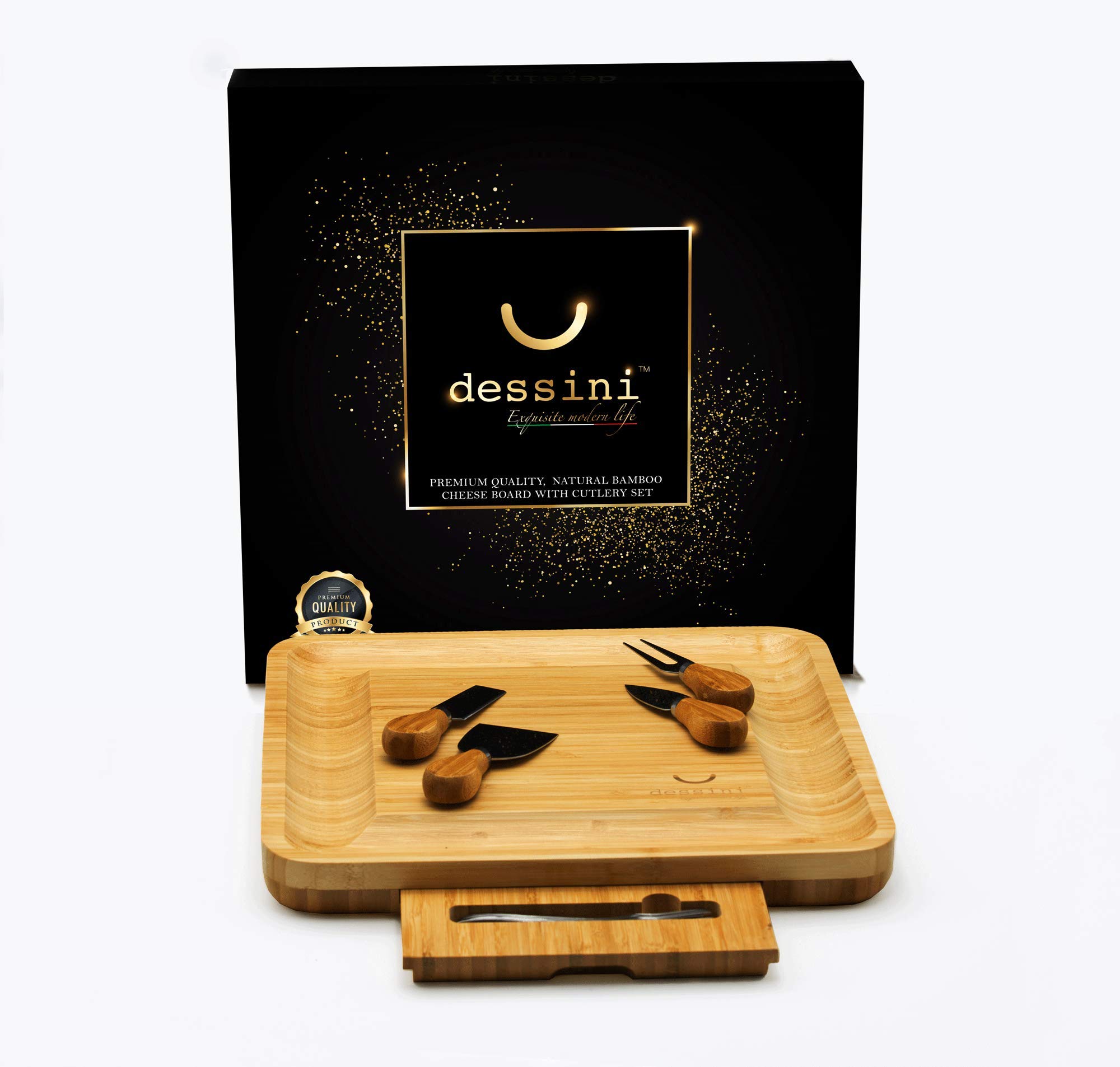 DESSINI Natural Bamboo Cheese Board and Cutlery