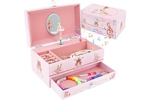 LYDODOKA Girls Musical Jewelry Box with Ballerina Decorative, Kids Jewelry Storage Case with Pink Lining, Drawer Birthday Pre