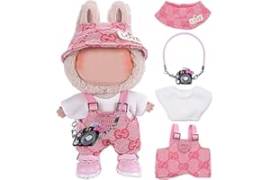 Ariker Handcrafted 4 Piece Doll Clothes Set for 17cm/15cm Labubu Dolls (No Doll) Cute Pink Outfits with Accessories Top Overalls Hat and Handbag for Girls Boys (No Shoes) AK060PK