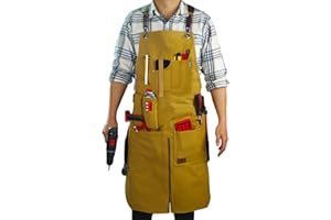 Stenffy Woodworking Apron, Tool Apron, Canvas, Multiple Pockets, Adjustable Zipper, Metal Ring, Tape Measure Clip, Plus Size, Khaki.