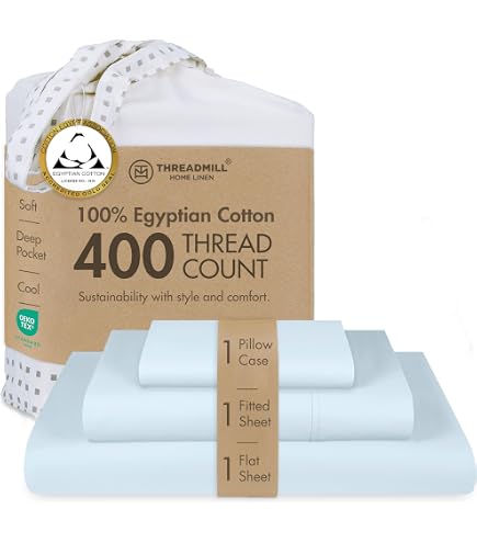Parure De Lit Threadmill 3 Pièces 100% Coton - 600 Fils - Lit Simple - Vert Sauge - Drap Housse Poche Profonde 38cm - Tissu Satiné Rafraîchissant
