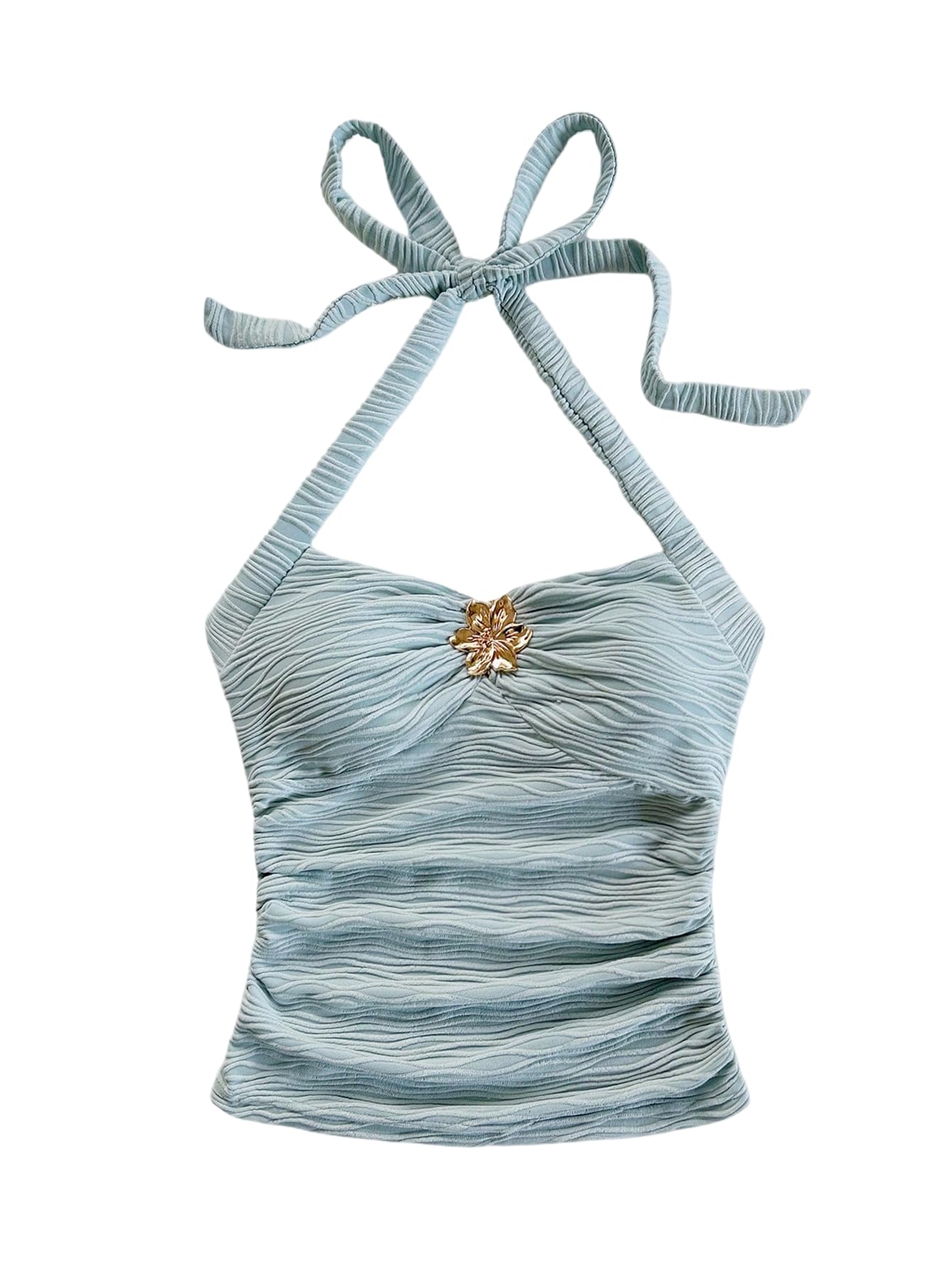 Photo 1 of SOLY HUX Women's V Neck Halter Tops Open Back Y2k Ruched Floral Metal Summer Going Out Cami Tops Light Blue Medium