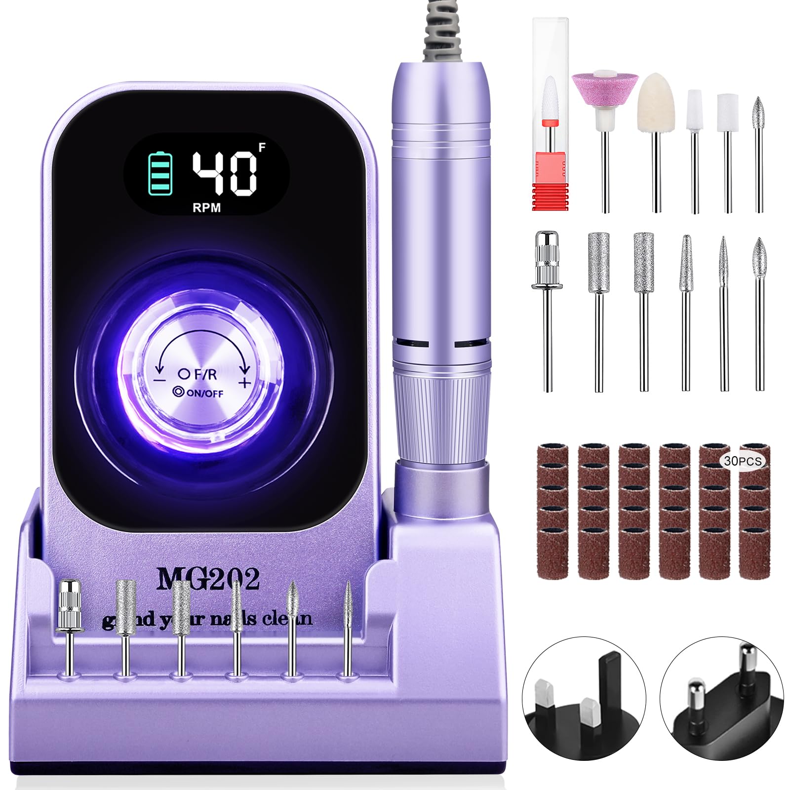 40000RPM Electric Nail Files Professional,Urbuti Portable Nail Drill Machine for Acrylic and Gel Nails,Rechargeable Electric Manicure Pedicure Set with 12 bits LCD Display for Home Salon (Purple 1)