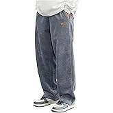 OYOANGLE Men's Corduroy Pants Letter Patched Elastic Waist Straight Leg Trousers with Pocket