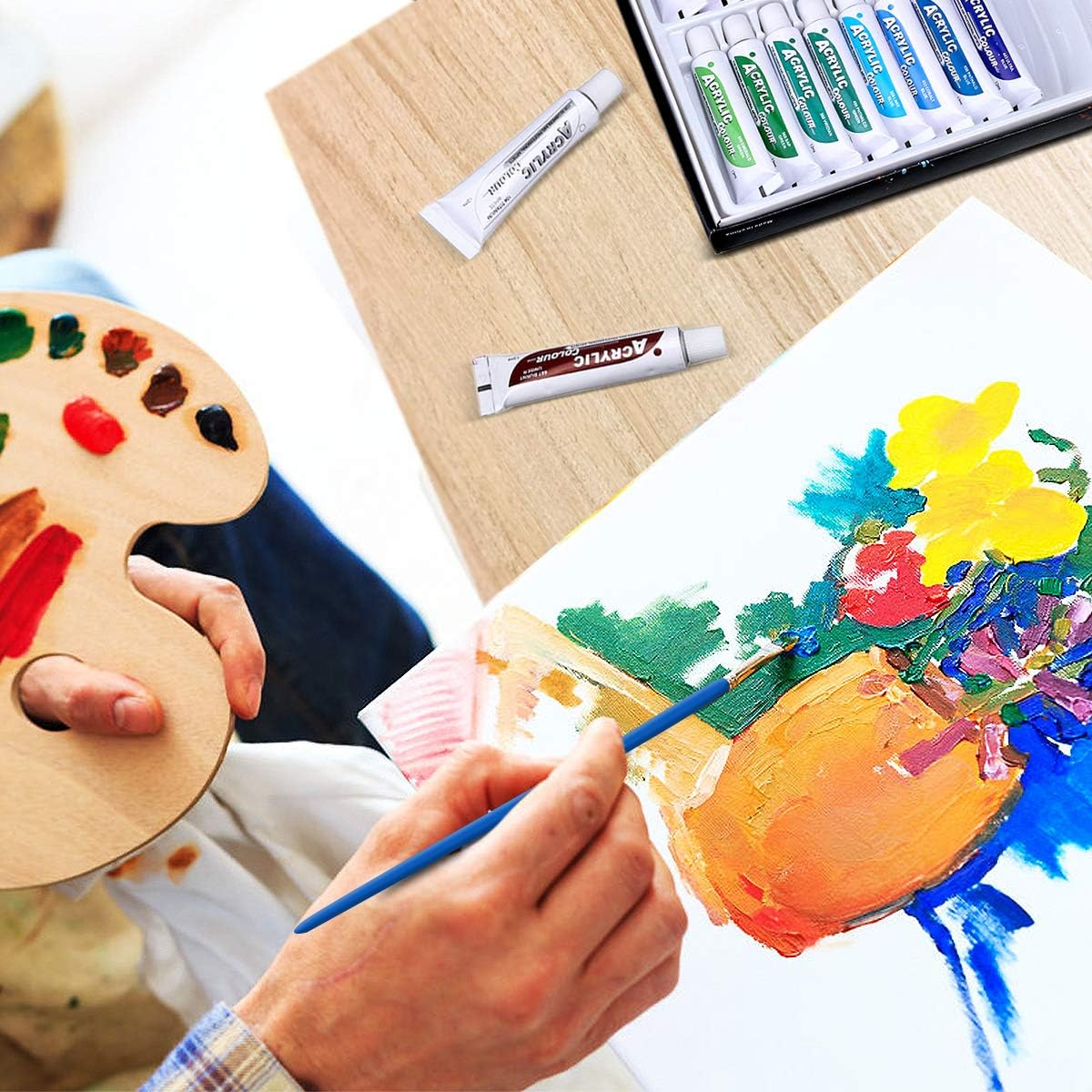 NASUM Acrylic Paint Set, 24 Color Tubes of 0.4 oz (12 ml) & 6 Painting Brush, Art Set for Kids, Students, Beginners, Artists, Craft Supplies Painting Ceramic, Glass, Wood, Fabric, Canvas