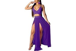 MINTSNOW Women Sexy 2 Piece Outfits Dress Chiffon Strap Deep V Neck Bra Crop Top High Split Maxi Dresses Skirt Set