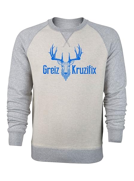 Trachten Sweatshirt Greiz Kruzifix - Oktoberfest Kleidung Herren - Trachtenmode Outfit - Bayerischer Pullover - Hirsch-Kopf -