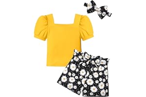 BAVADER Girls Clothes Square Neck Puff Sleeve 2 Piece Kids Clothes Girls Summer Outfits Rib Top Floral Short Set with Pockets