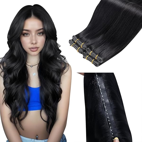 LaaVoo Unsichtbar Tressen Echthaar 50cm Schwarz Weft Extensions Echthaar Nahtlos Kleberfrei Tressen Echthaar Extensions für mehr Volumen 100g #1