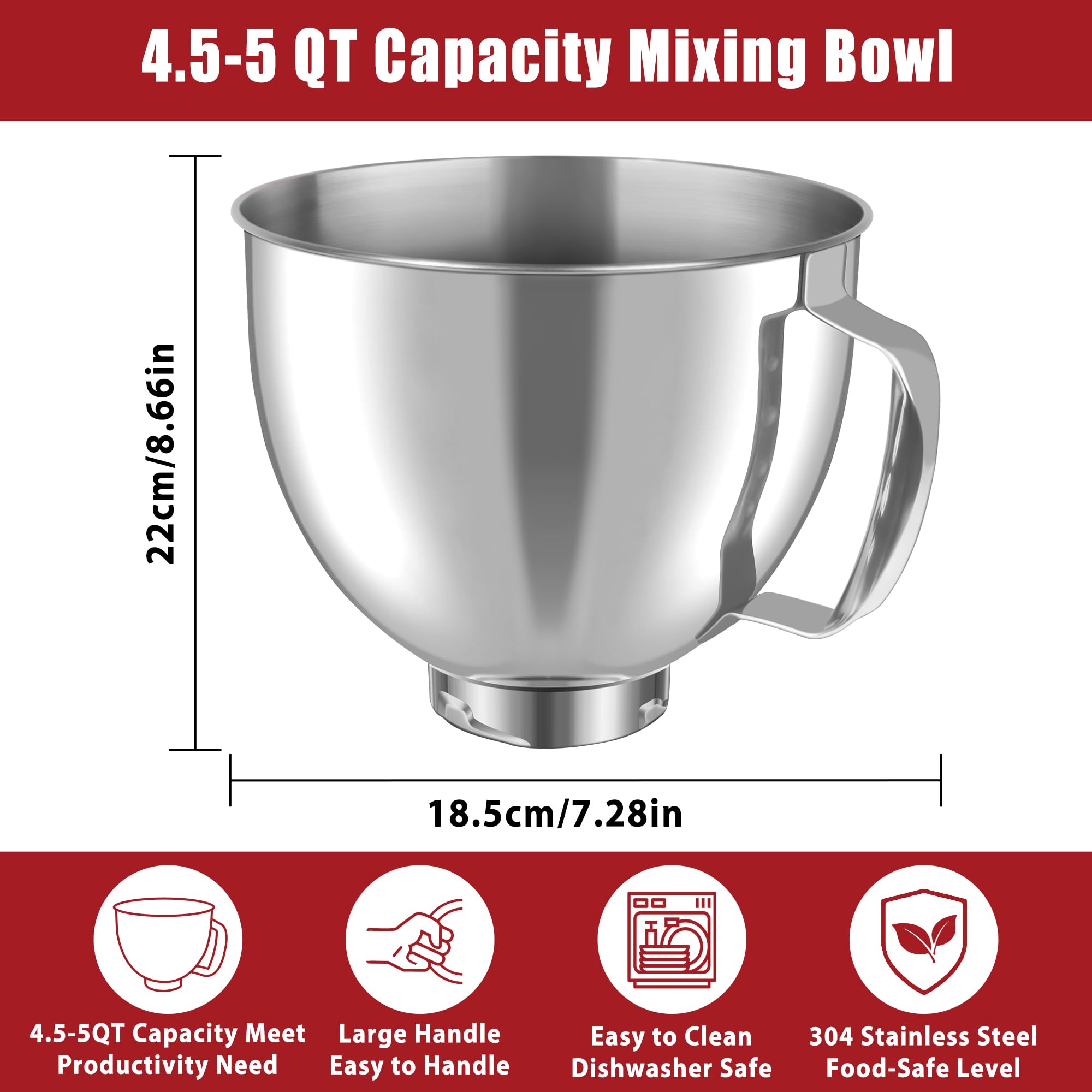 Stainless Steel Mixing Bowl for KitchenAid 4.5-5 Quart Tilt-Head Mixers, Stand Mixer Accessories, Replacement 5 QT Mixing Bowl with Handle