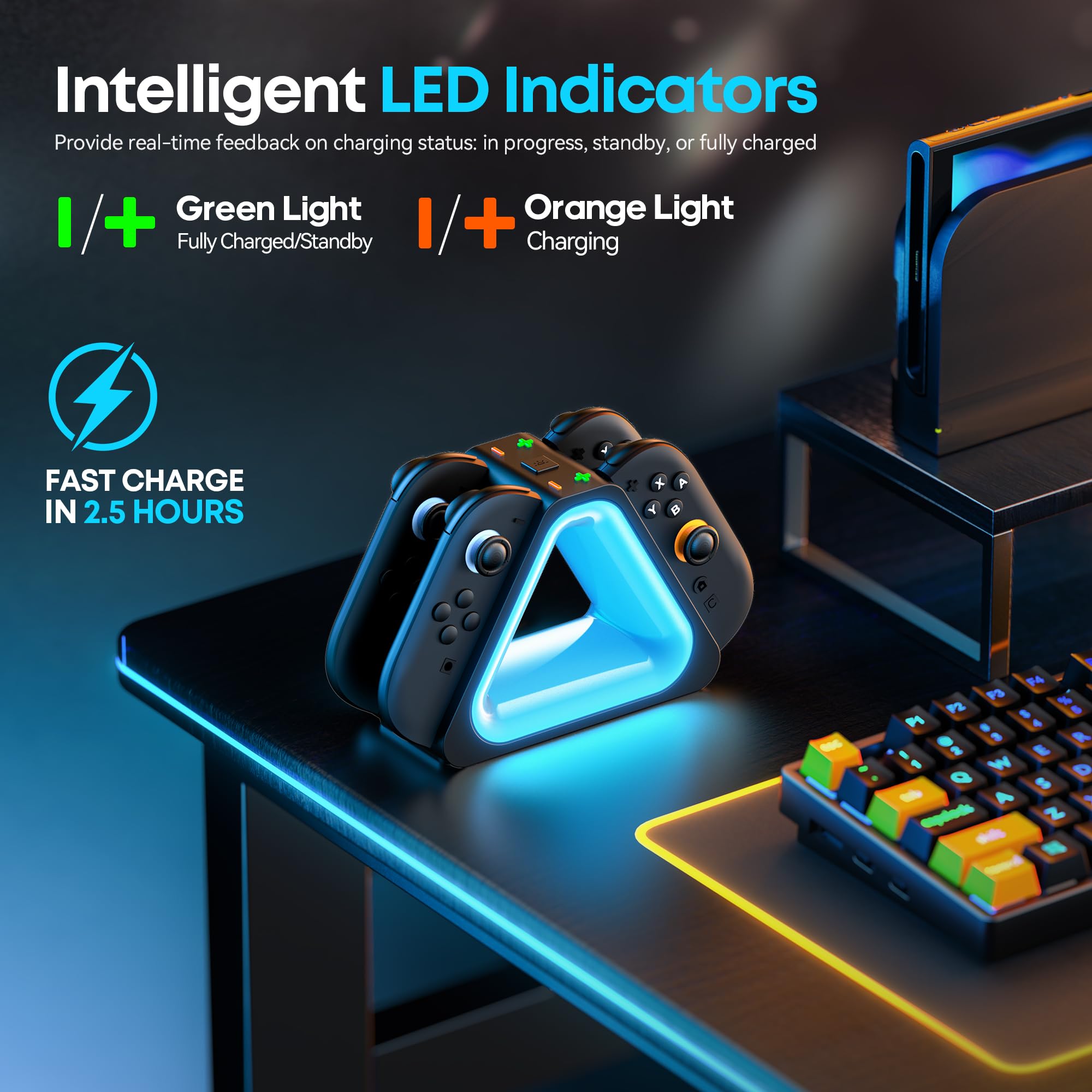 Tokluck Ladestation für 2025 Nintendo Joy Con 2, Schnelle Switch 2 Joy Con Magnetische Ladestation mit 7 Lichtmodi, Erweiterte Controller Ladegerät für Nintendo Switch 2 Zubehör 4