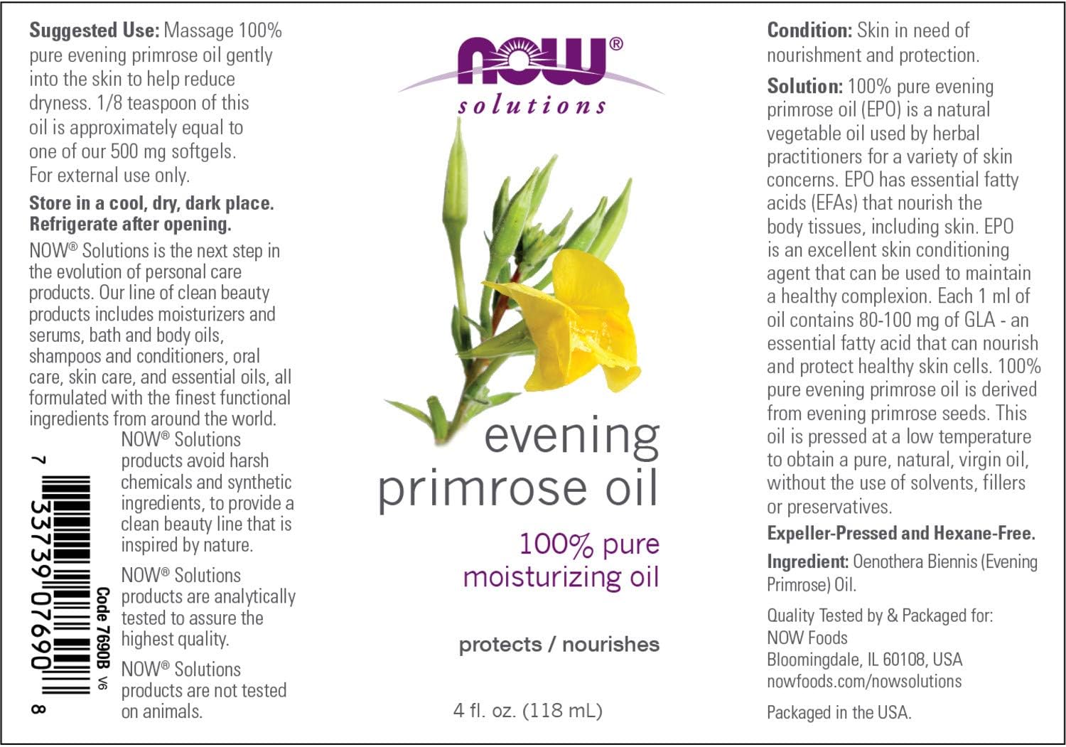 NOW Solutions, Evening Primrose Oil, Pure Moisturizing Oil, with Essential Fatty Acids 4-Ounce, B000x9wxsu, 118 ml (Pack of 1) - Image 3