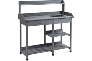 Outsunny Potting Bench Table Garden Work Bench Workstation with Drawer, Removable Sink, Storage Shelves and Hooks for Patio, 