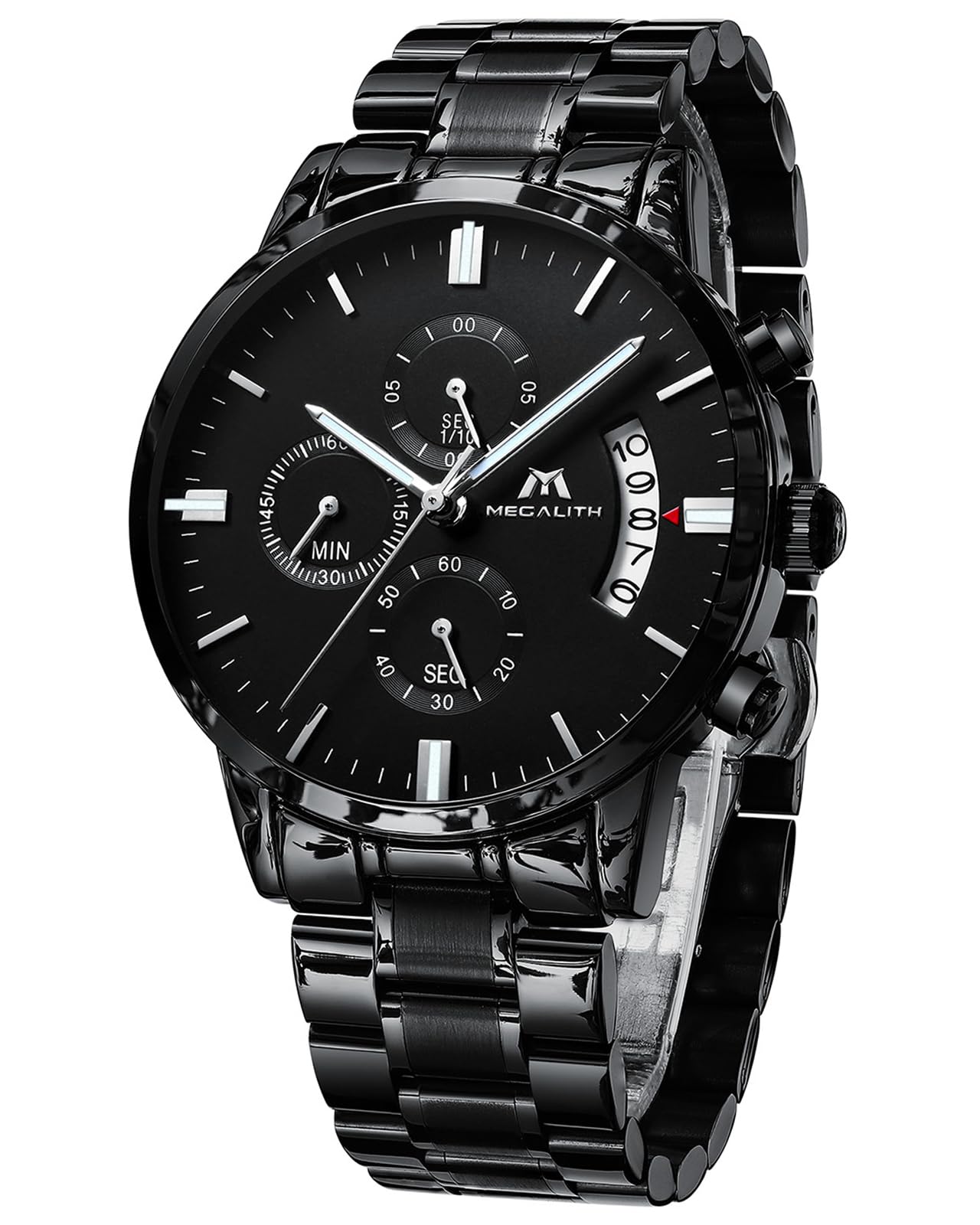 MEGALITH Military Watches for Men Chronograph: Black Stainless Steel Large Face Wrist Watch Waterproof Quartz Date - Gifts for Him Father Husband — image 1