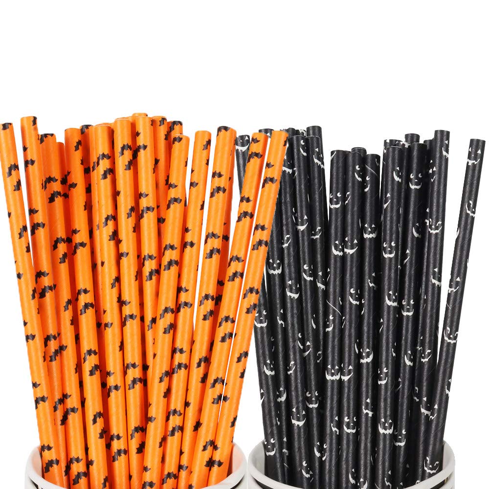 200 Pieces Halloween Paper Straws, Kalolary Recycle Black Orange Drinking Straws, Food-Grade Straws for Party Celebrations, Halloween Thanksgiving Day Christmas Kids Party Supplies