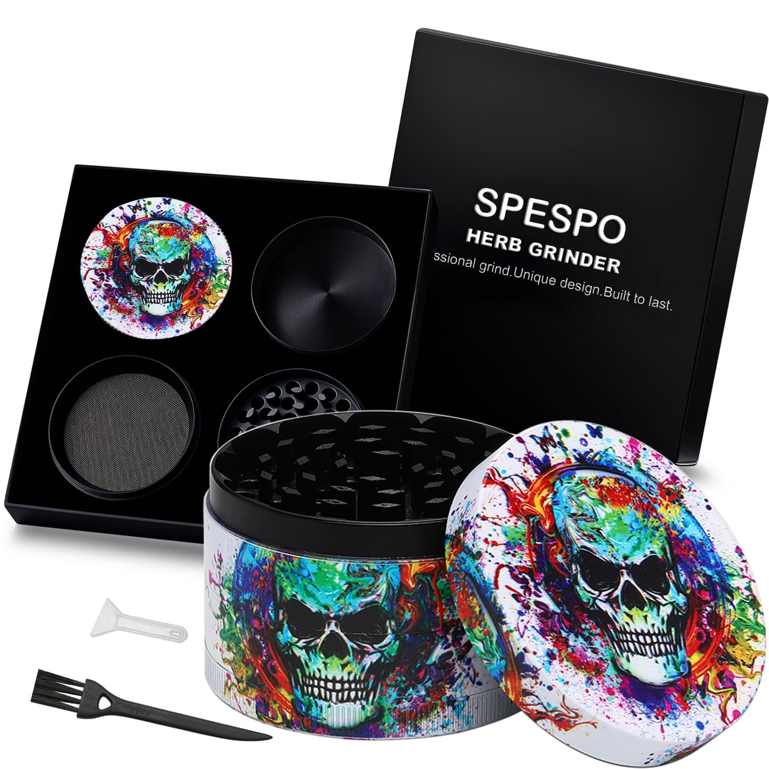 Spespo Herb Grinder, Large Spice Grinder 63mm(2.5 inch),4 Layers Full Color Painting with Pollen Scraper (Skull Design)