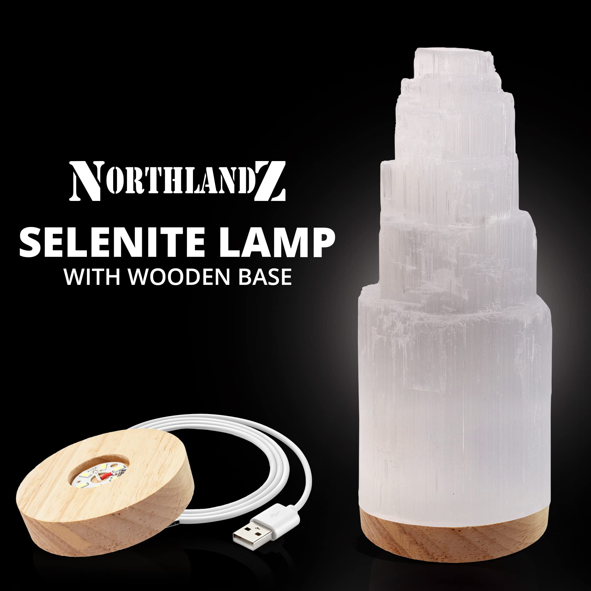 Himalayan Glow Selenite Crystal Lamp 20cm, Moroccan (ETL Certified) Tower Lamp with Wooden Base & USB Charging Cable, Anxiety Relief Healing Crystals for Home Decor