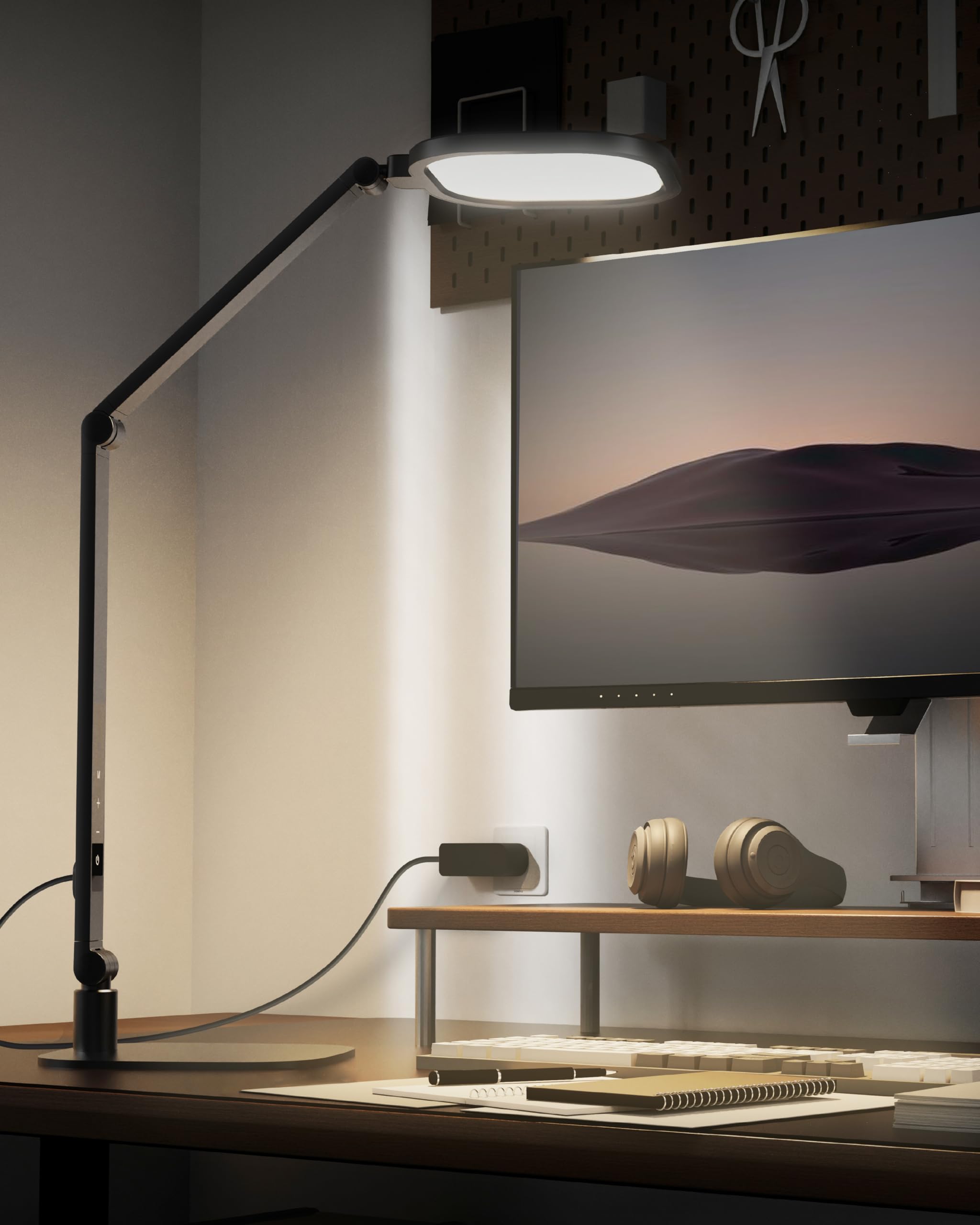 LitONES LED Desk Lamp for Home Office, 15W Computer Zoom Lighting with Swing Arm, Memory & Timer Function, Dimmable Desktop Ring Light for Video Calls, Conference, Reading, Streaming, Podcasting