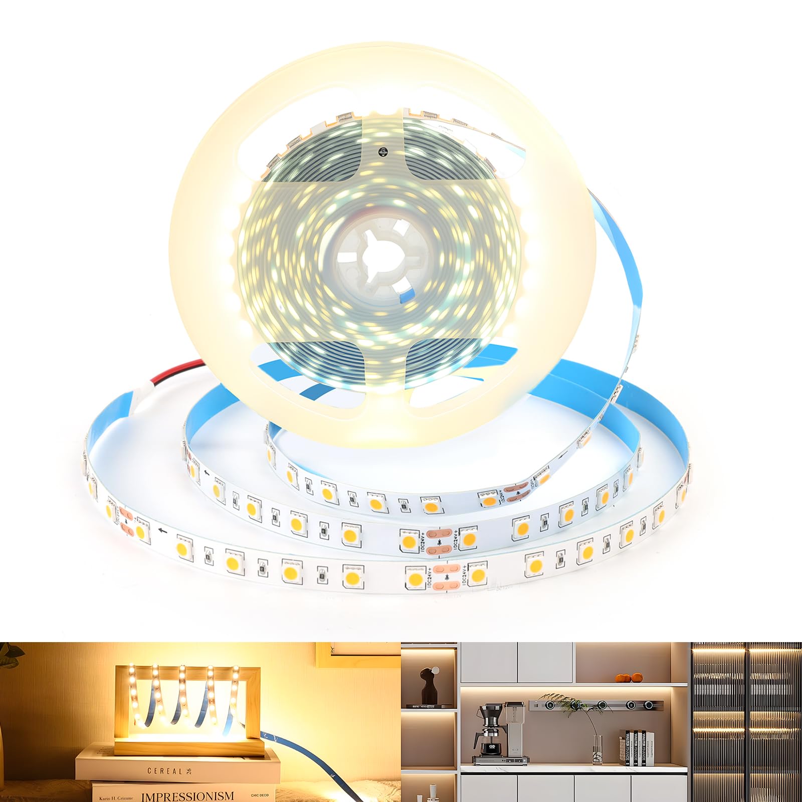 Arotelicht LED Light Strip Warm White 3000K,16.4ft/5M 300LEDs Flexible Strip Cuttable SMD5050 24V Tape Lights for Kitchen Home Cabinet Mirror Door (No Power Supply/Plug)
