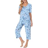 QCIV Womens Pajama Sets V-Neck Short Sleeve Top and Capri Pants with Pockets Sleepwear Set Two Piece PJS