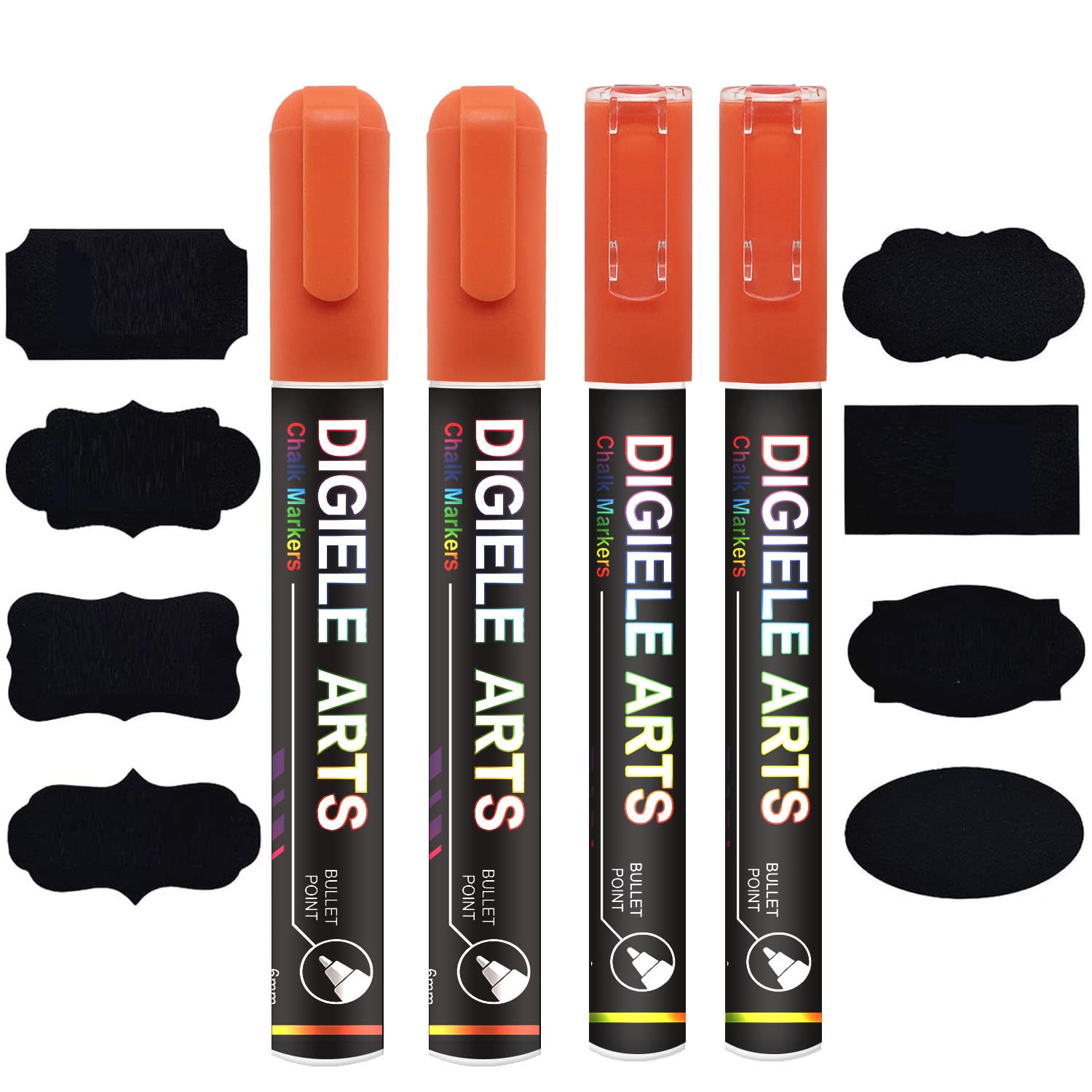DIGIELE Liquid Chalk Marker Pens Orange, 2pcs 3mm Chalk Pens + 2pcs 6mm Chalk Markers, Dry or Wet Wipe Erase Pen, Thin & Medium Reversible Bullet or Chisel Tip, 4 Pens + 16 Chalkboard Labels Packed